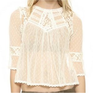 Free People Modern Romance Crop Top Smocked Lace Floral Sheer Swiss Dot Medium